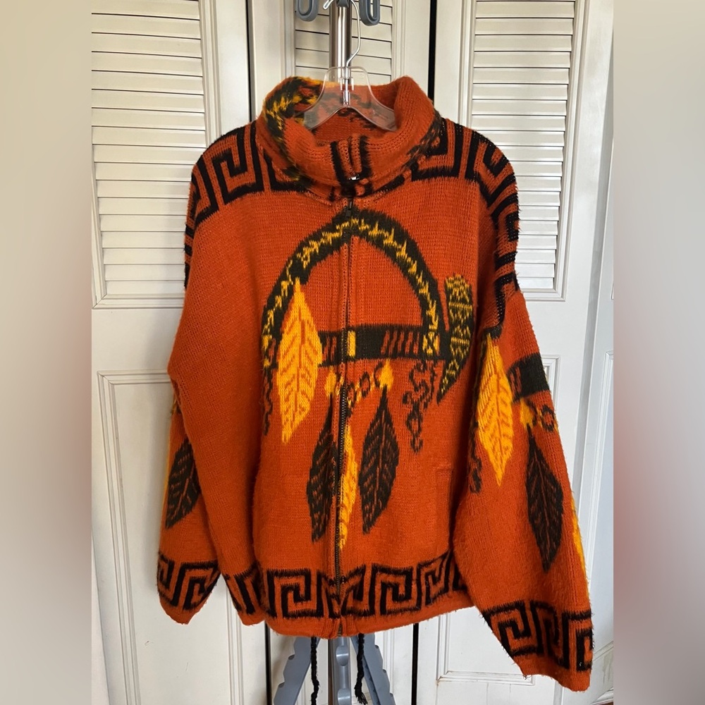 Vintage Wool Native American Feather Orange and Black Sweater Cardigan. Ecuador